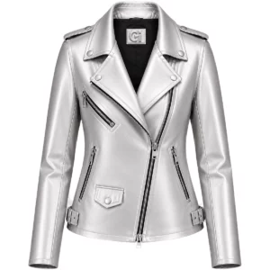 Blouson biker femme cuir argent brillant