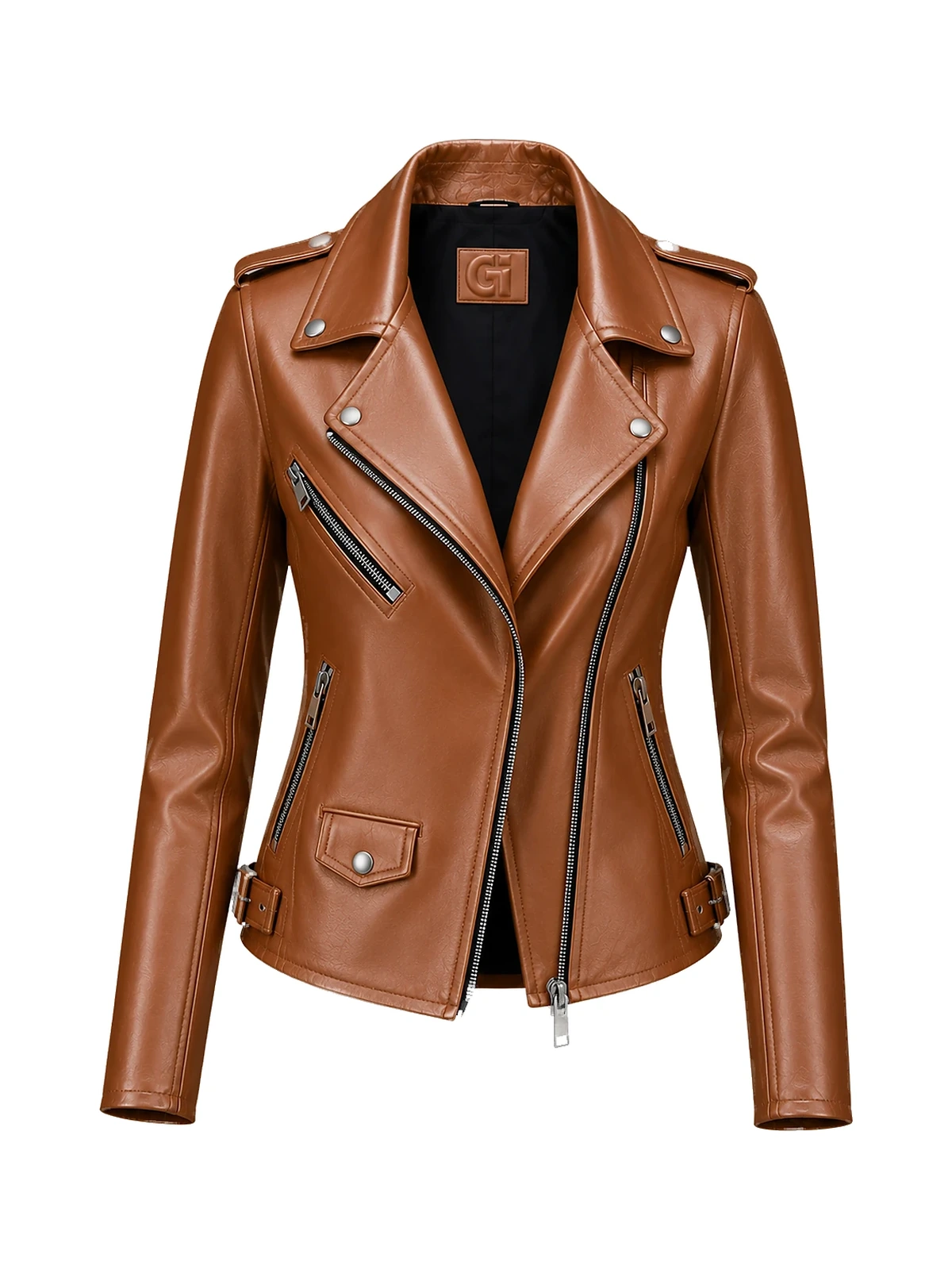 Blouson biker femme cuir cognac – Image 9