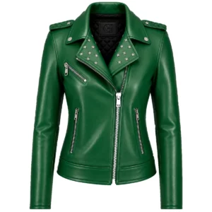 Blouson biker femme cuir vert clouté