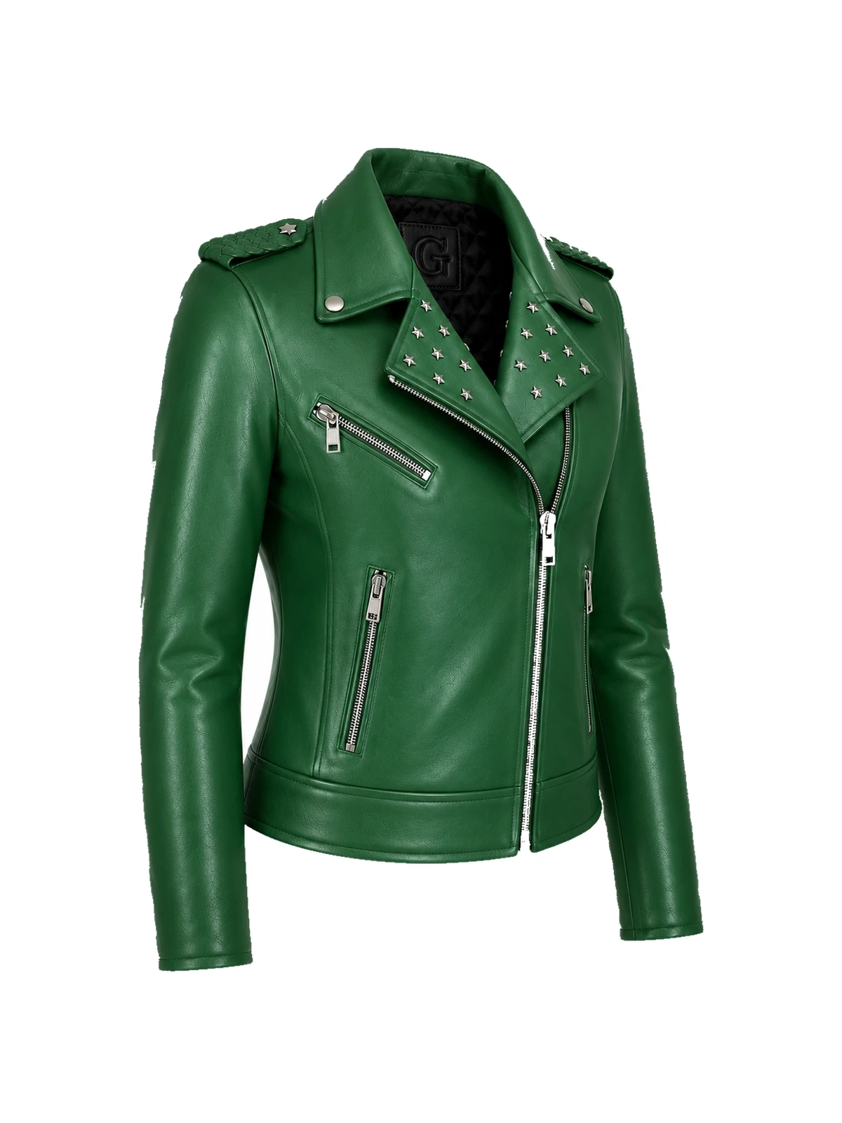 Blouson biker femme cuir vert clouté – Image 2