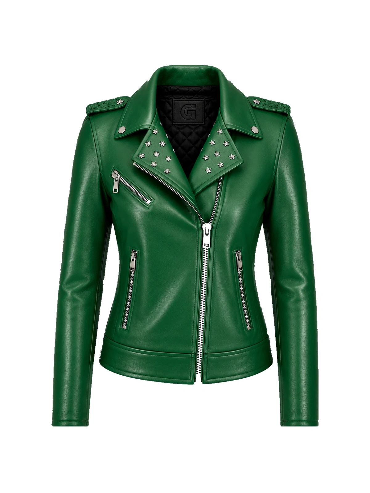 Blouson biker femme cuir vert clouté – Image 9