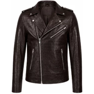 Blouson Biker Homme Croco Marron Foncé