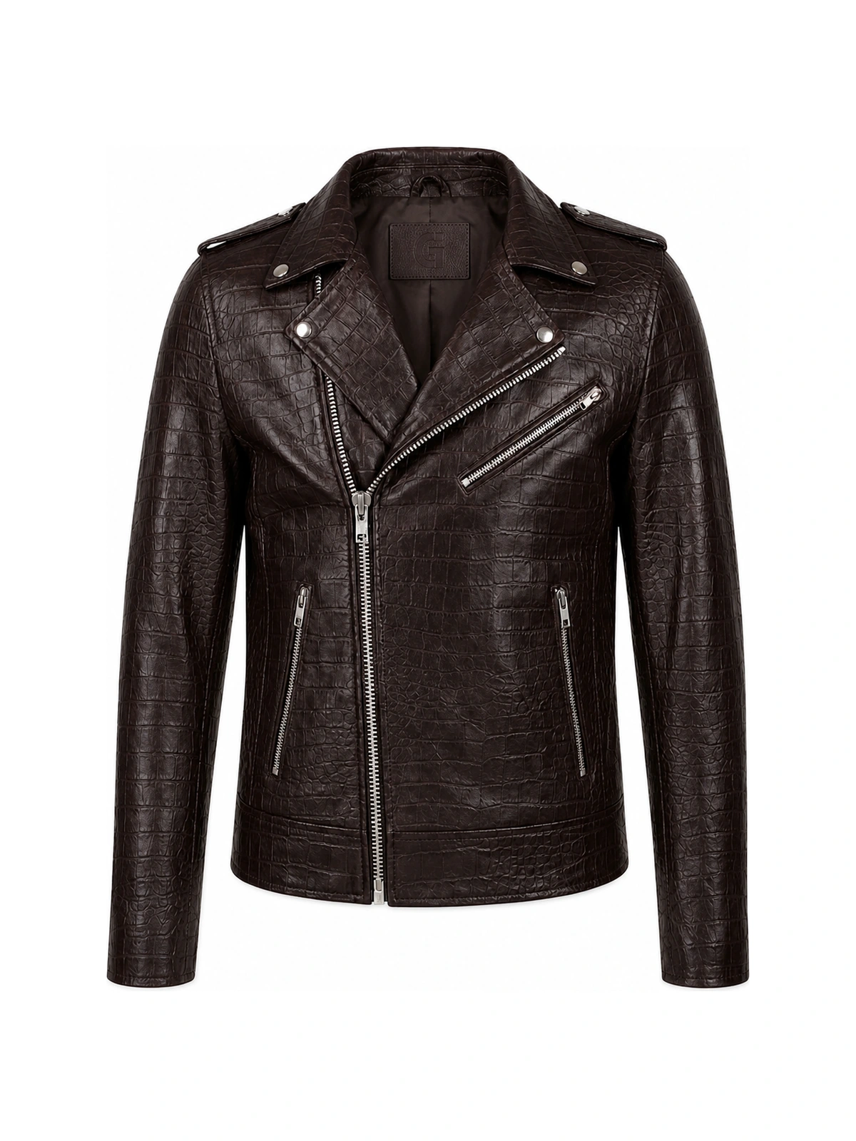 Blouson Biker Homme Croco Marron Foncé